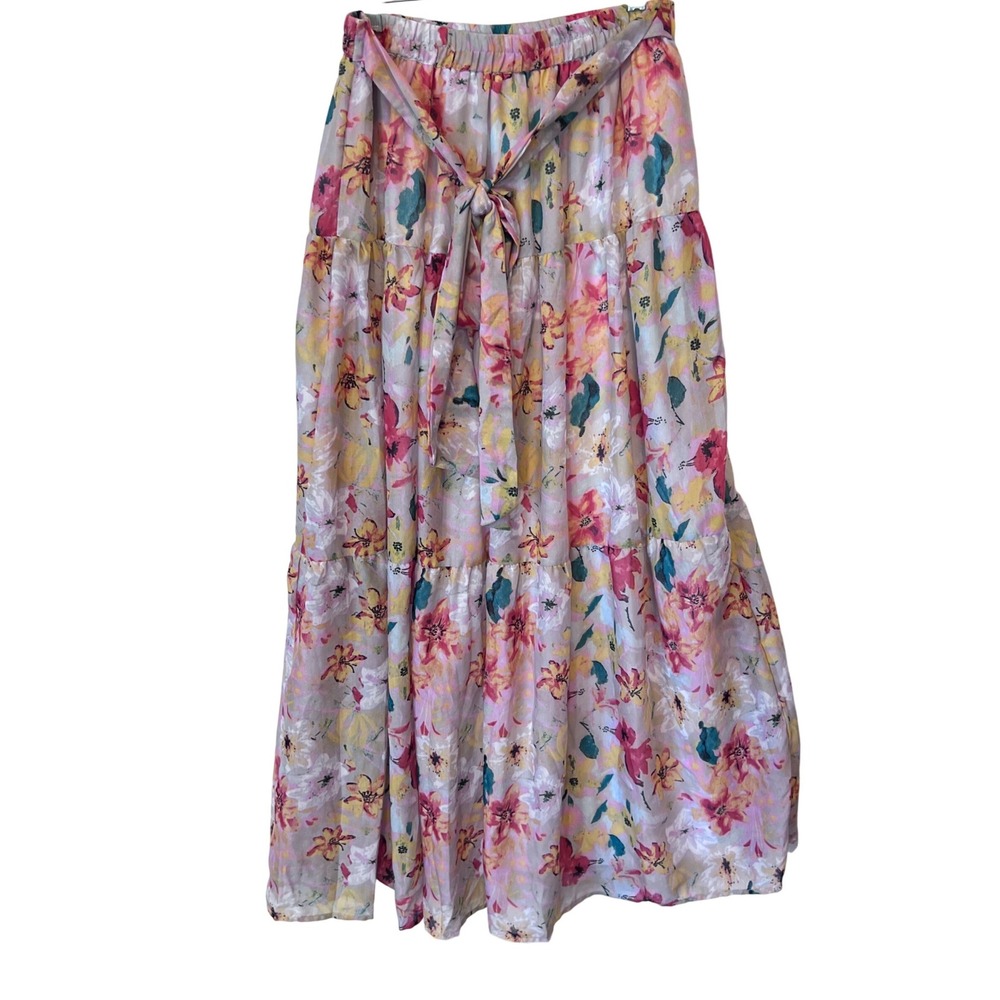Women's Tiered Maxi Skirt Floral Print Boho Tie Waist Lined Size S